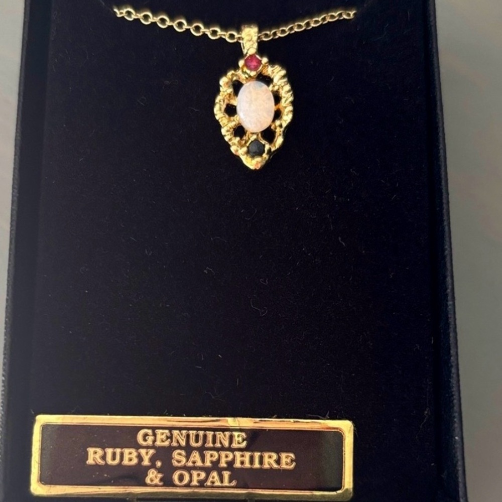 Van Doran Gold Pendant Necklace with Ruby, Sapphire & Opal